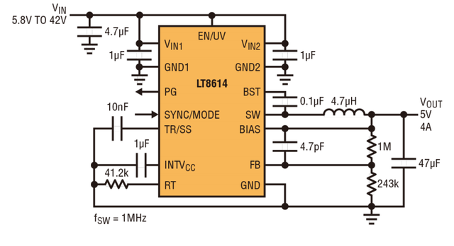 A voltage regulator with high conversion rate and CISPR5 electromagnetic radiation standard looks li